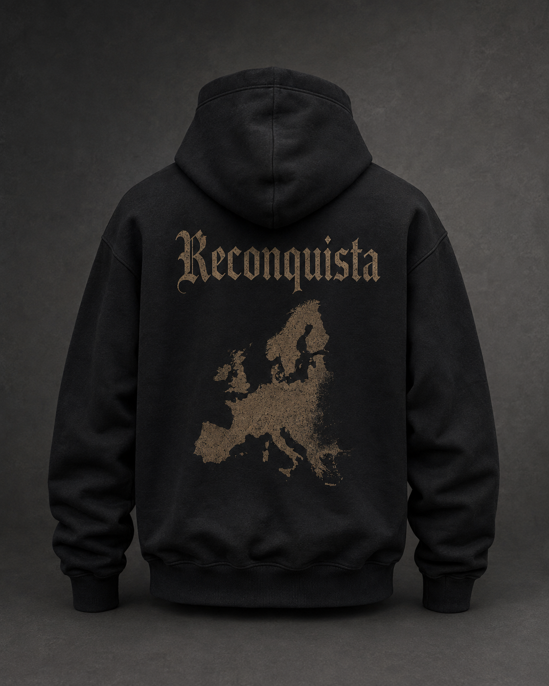Black Reconquista hoodie with a weathered map of Europe